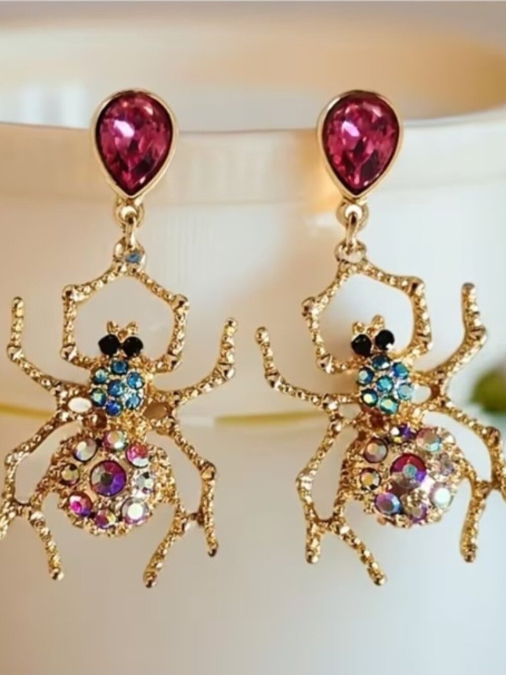 DESIGNER Halloween Spider Gold Multicolor Crystal Drop Earrings**NEW! - Picture 2 of 2